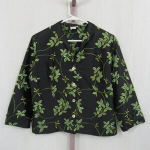 Vintage Linda Bertozzi 100% Silk Floral Blazer Jacket Black and Green Embroidery